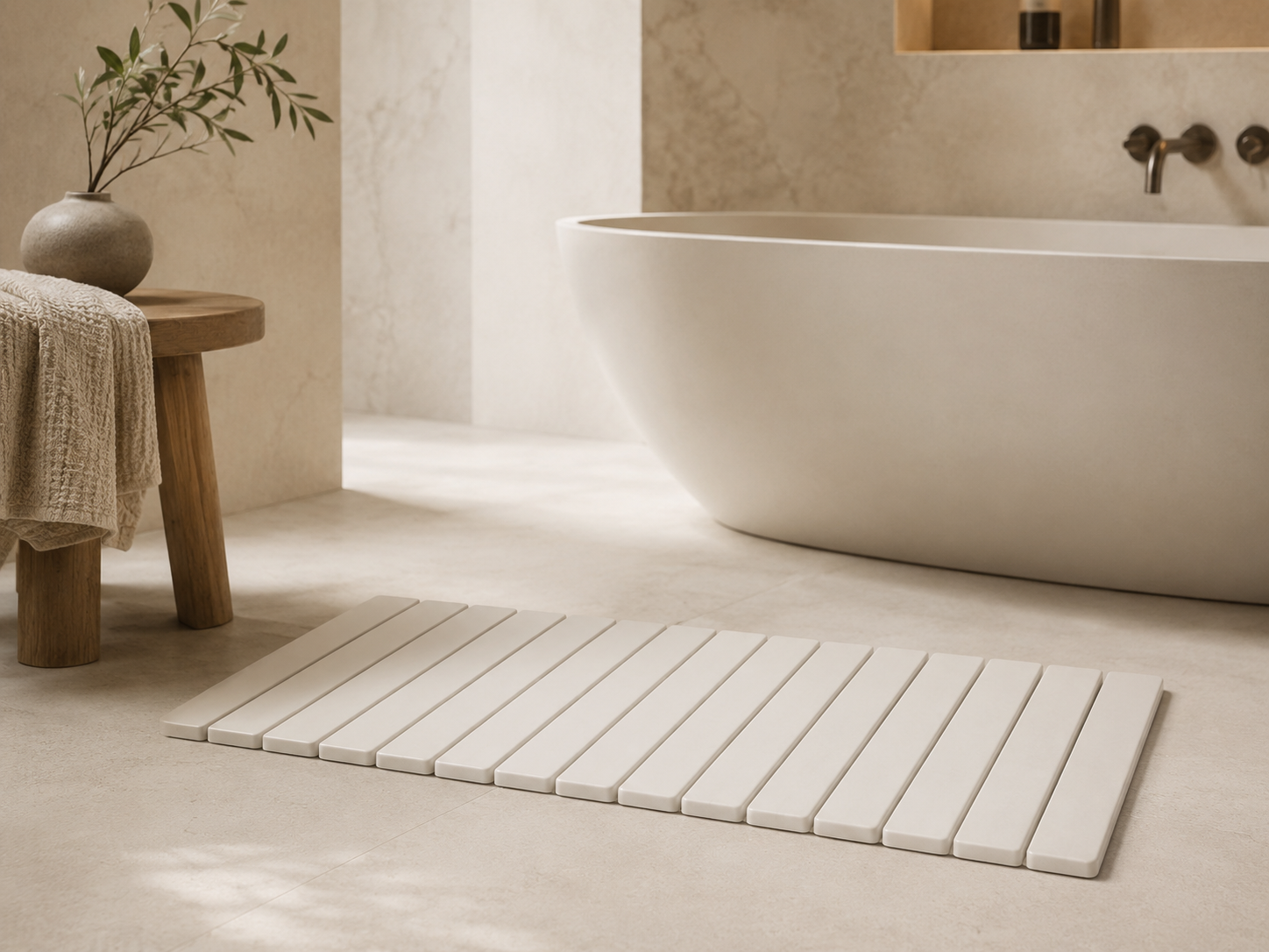 Foldable stone bath mat in a modern bathroom