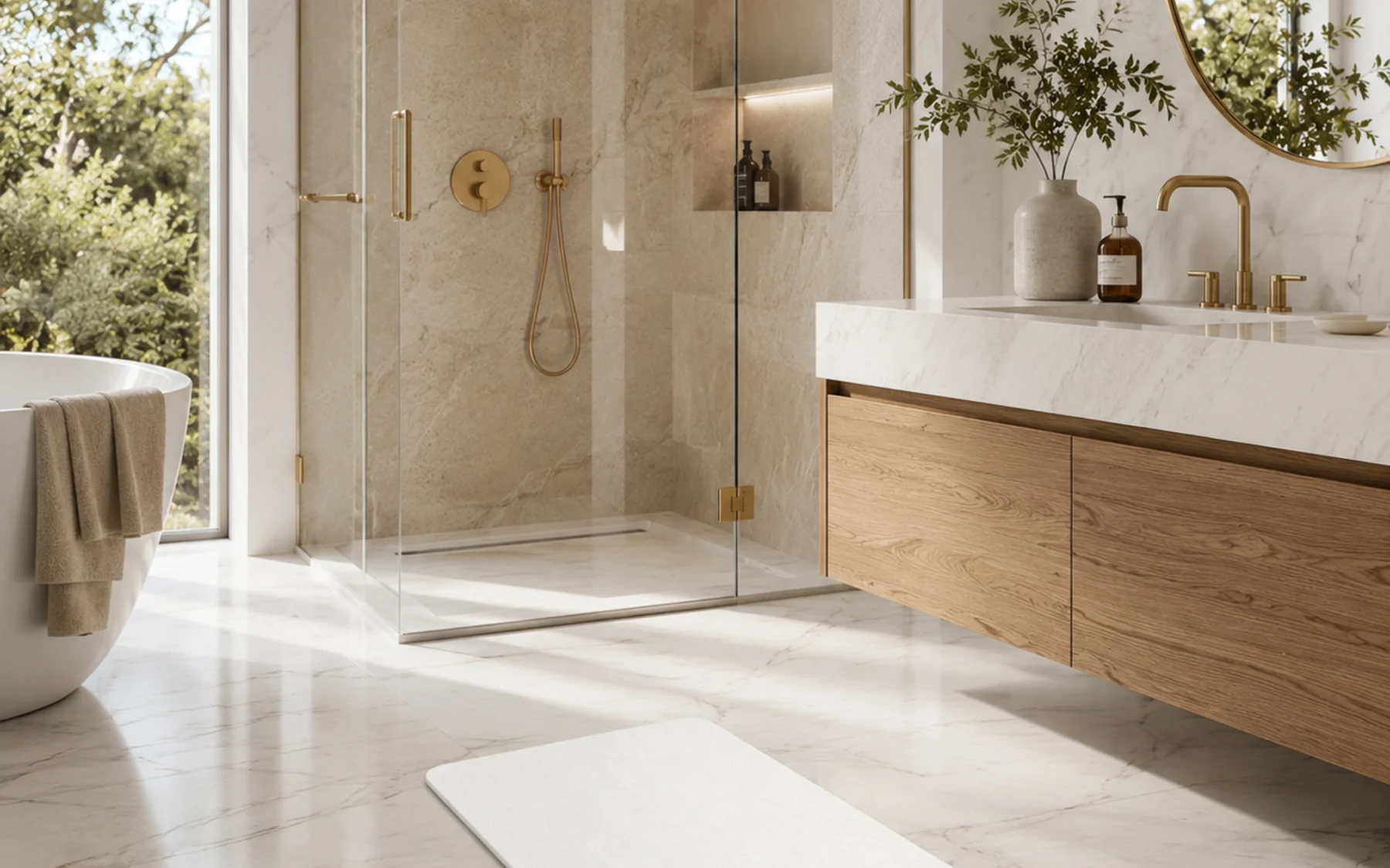 White stone bath mat styled in a bright marble bathroom with a glass shower enclosure.