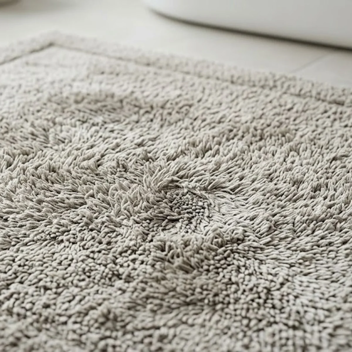 Traditional fabric bath rug shown as the slower-drying alternative to a stone bath mat.
